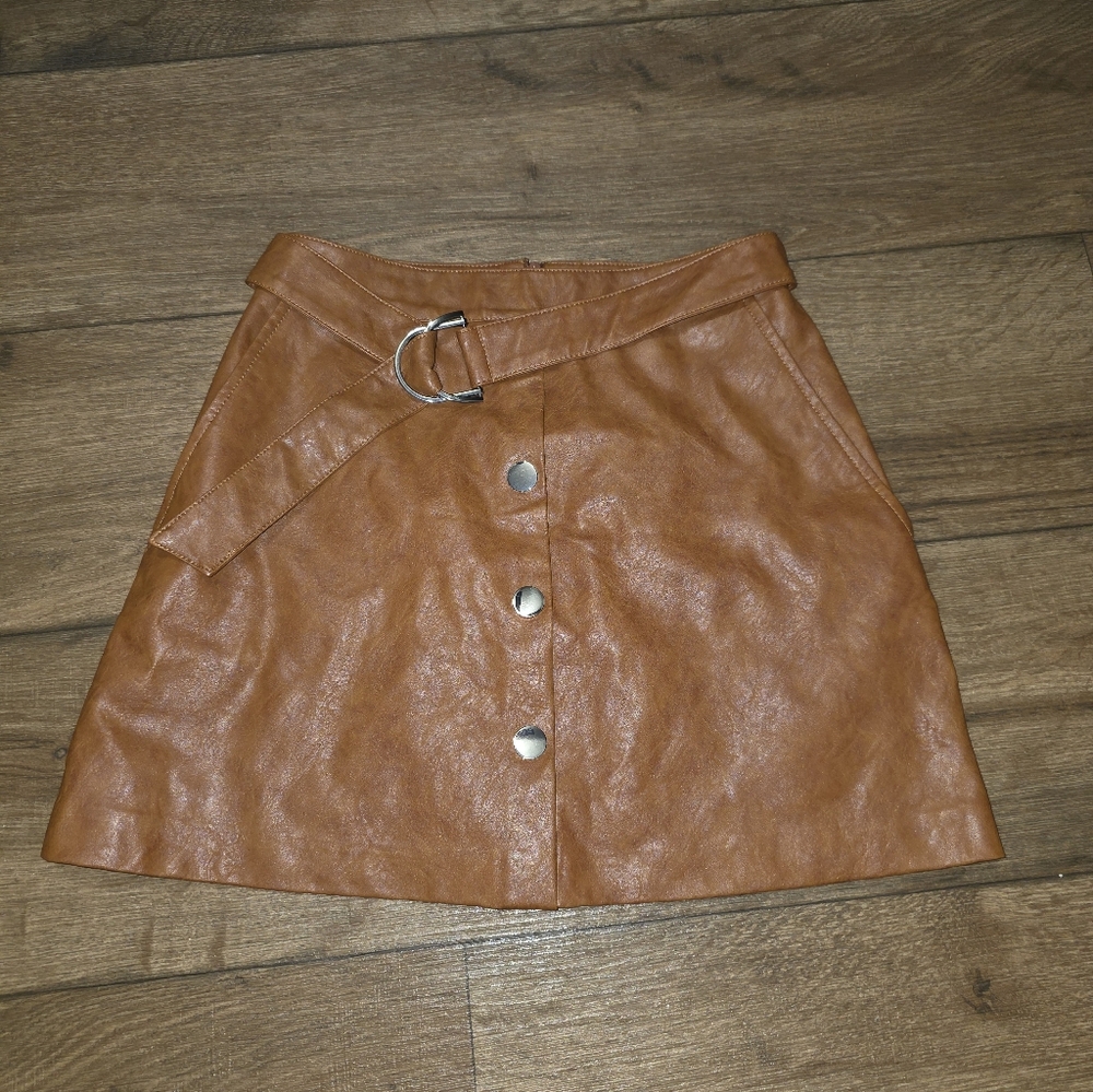 Zara Brown Leather Skirt Size S with Button Detail - Picture 3 of 10